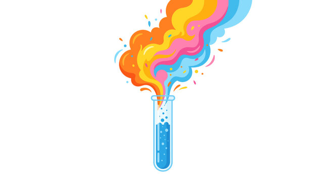 Colorful smoke bursts out of a test tube in a vibrant laboratory setting with swirling patterns.