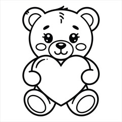 Fototapeta premium Cute teddy bear holding a heart, black and white line