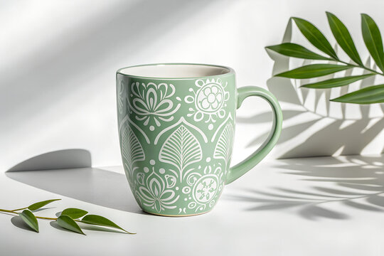 Minimalist cramic green mug with elegant white pattern isolated on pure white background, soft naturalshadow, clean studio lighting, modern design, high detail, photorealistic, no text, no logo.