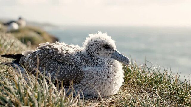Young seabird resting on grassy cliff near ocean in soft light