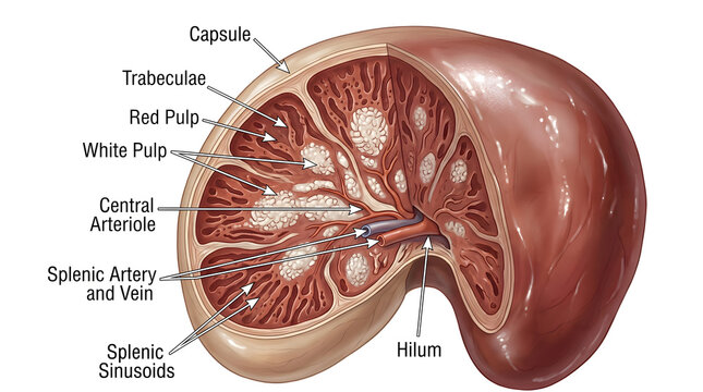 Cross‑sectional anatomy of the human spleen showing fibrous capsule, trabeculae, white pulp, red pulp, central arteriole, splenic artery and vein, and splenic sinusoids to illustrate lymphoid tissue o