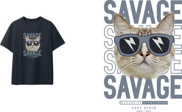 Cute kitten with sunglasses typography graphic t-shirt design with adorable cat illustration
