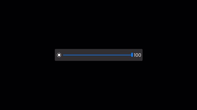 Screen brightness adjustment bar animation on transparent background, Display brightness control slider bar with alpha channel, Simple brightness indicator animation, Increasing brightness bar