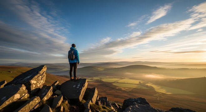 Hiker standing on a rocky mountain peak overlooking a misty valley at sunrise