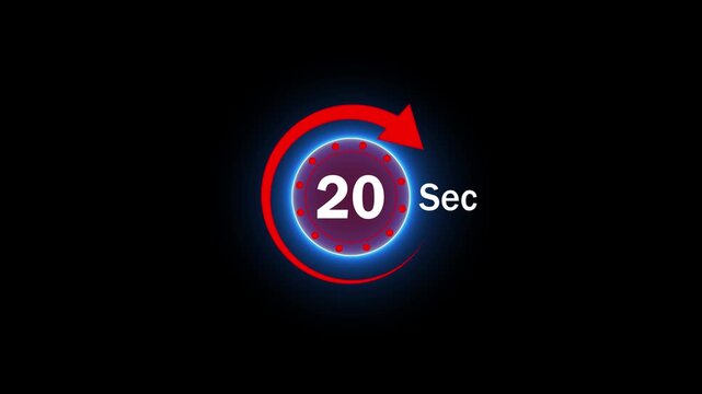 Animation video timer icon with 20 Sec, timer 20 Seconds countdown icon, motion graphic arrow Clock 20 Second icon, black background arrow 4k video animation,