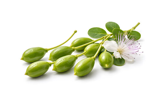 Fresh Caperberries with Flower and Leaves Isolated on White Background
