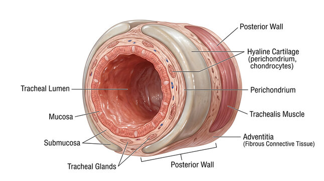 Cross‑section of human trachea showing mucosa, submucosa, tracheal glands, posterior wall, trachealis muscle, hyaline cartilage rings and perichondrium, illustrating airway support and conduction stru