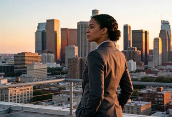 Naklejka premium Businesswoman in professional suit standing on a rooftop looking at the Los Angeles skyline at sunset, leadership and vision for urban career growth and success