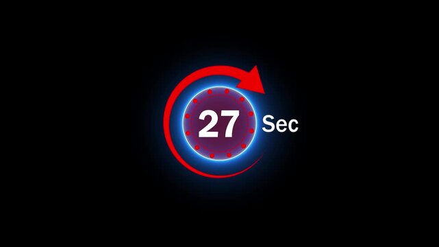 Animation video timer icon with 27 Sec, timer 27 Seconds countdown icon, motion graphic arrow Clock 27 Second icon, black background arrow 4k video animation,