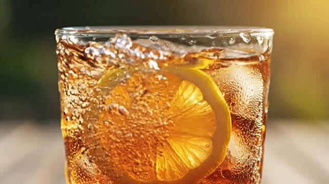 Close up of iced tea with a lemon slice and water splashes in sunlight