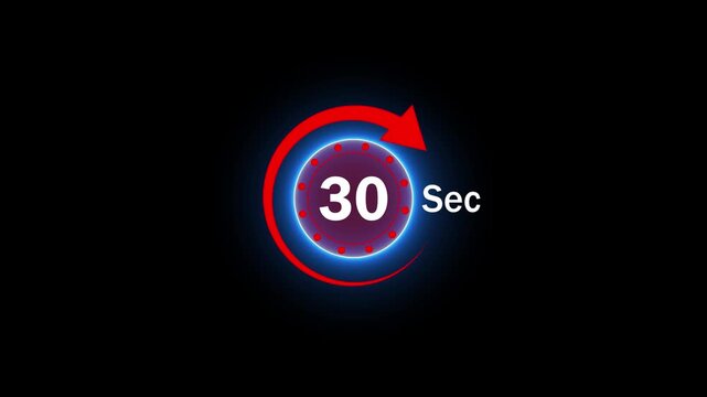 Animation video timer icon with 30 Sec, timer 30 Seconds countdown icon, motion graphic arrow Clock 30 Second icon, black background arrow 4k video animation,