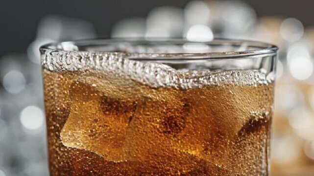 Cold cola drink with ice and bubbles in a glass