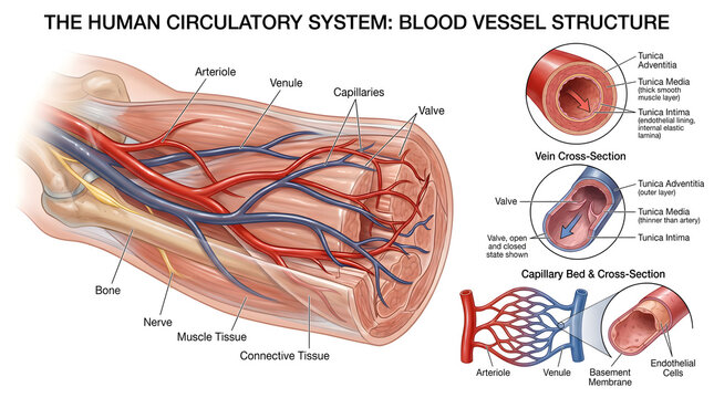 Comprehensive illustration of human circulatory system blood vessel structure in the arm, labeling arteries, veins and capillaries with cross‑sections of tunica layers to compare lumen size, wall thic