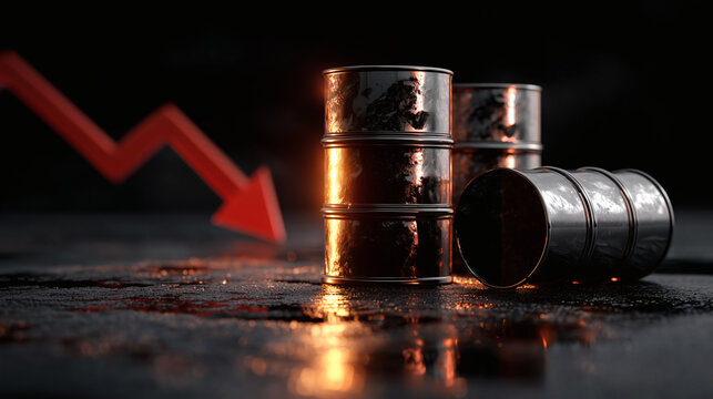 Oil price movement in emerging markets concept with barrels and a red downward arrow representing falling oil prices