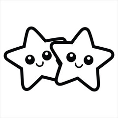 Fototapeta premium Two cute kawaii stars with smiling faces, black and white line