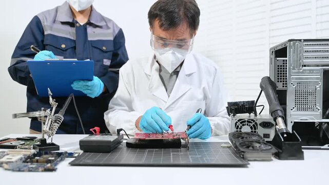 Professional technician repairing and upgrading computer hardware, testing motherboard circuits, troubleshooting electronics