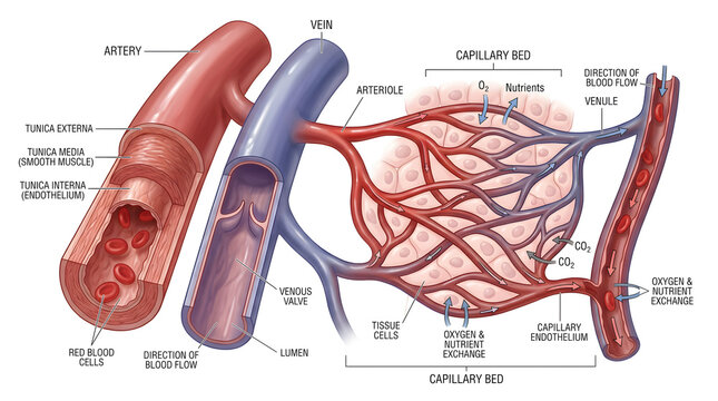 Detailed anatomical diagram of microcirculation showing artery, arteriole, branching capillary bed and venule with labeled oxygenated and deoxygenated blood flow, illustrating exchange of gases, nutri