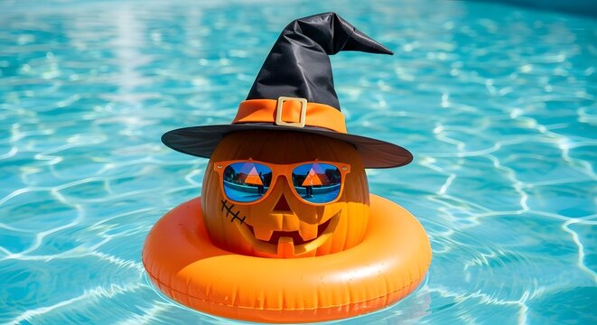 Funny jackolantern pumpkin wearing a witch hat and sunglasses floating in a swimming pool
