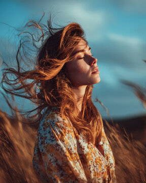 Gentle breeze lifts her hair as she breathes in open field