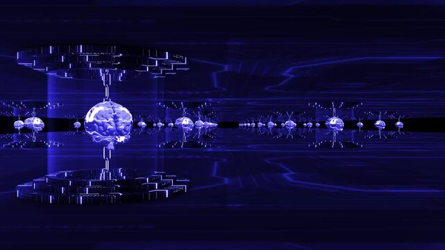 Blue color 3d brain interlinked of ai simulation of human intelligence futuritstic circuit board processing global humans data hi tech design black technology 3D background