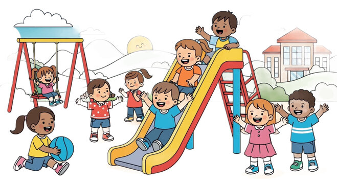Colorful playground, kids playing, children on slide, swings and park fun, vector illustration