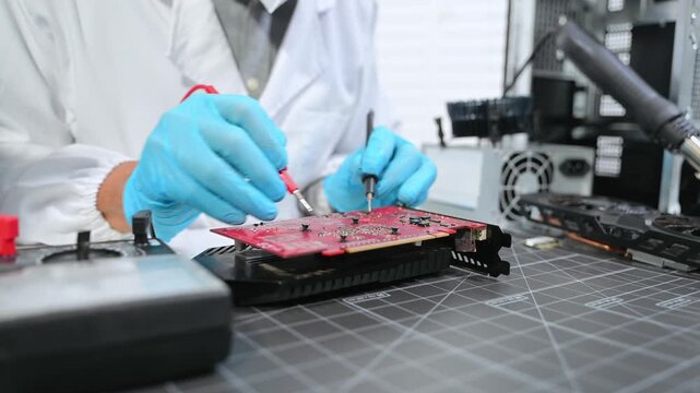 Technician repairing and upgrading computer hardware, testing motherboard circuits with tools