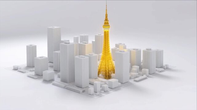 都市開発のために白い都市ジオラマへ組み込まれる金色の塔