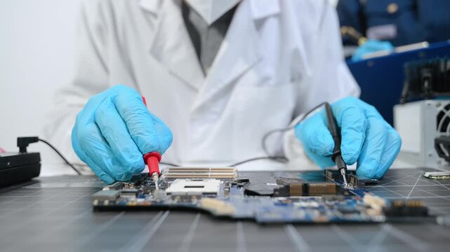 Technician repairing and upgrading computer hardware, testing motherboard circuits with tools