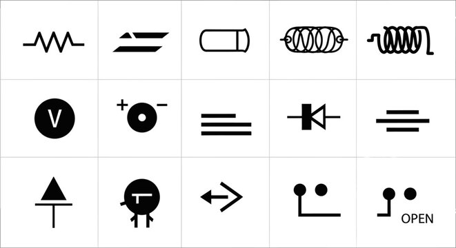 Set of Electronic Circuit Symbols and Components Vector Icons for Electrical Engineering Diagrams and Schematics