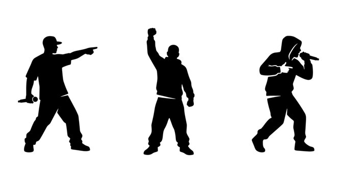 Hip hop rapper silhouettes set, urban street performers with microphones vector, male singer and mc artist character collection isolated on white