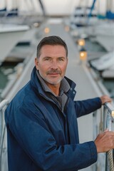 Fototapeta premium Marina dockmaster standing on a dock beside moored boats at sunrise