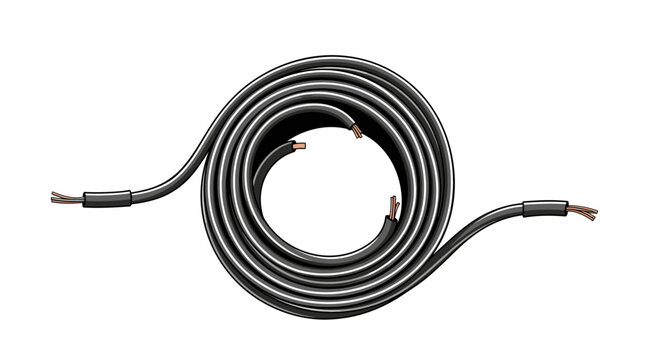 Black electrical cable coiled and isolated on a white background, revealing exposed copper conductors for electronics and power connections.