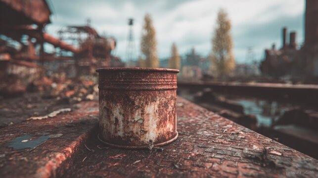 A heavily rusted, deformed metal can with a punctured lid rests on a rough, weathered surface in an abandoned industrial setting.