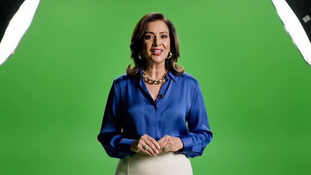 Woman Speaking on Green Screen Background.