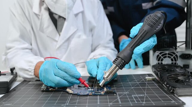 Professional technician repairing and upgrading computer hardware, testing motherboard circuits, troubleshooting electronics