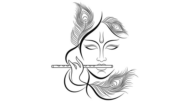 Minimalist line art illustration of Lord Krishna with peacock feathers