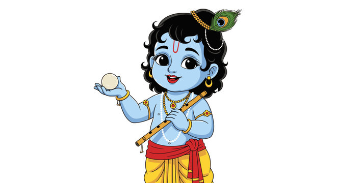 Little Bal Krishna with Butter and Flute for Janmashtami Festival Vector Illustration