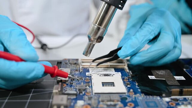 Technician repairing and upgrading computer hardware, testing motherboard circuits with tools