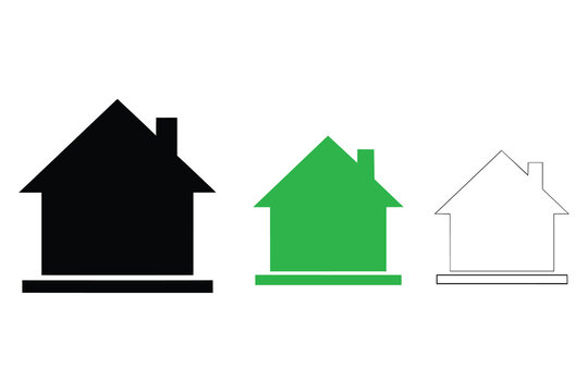 Three house icons in black, green, and white colors illustrating different states or types of housing