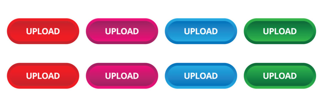 Upload button icons in red pink blue and green colors with realistic 3d gradient effect for web interface design vector illustration.