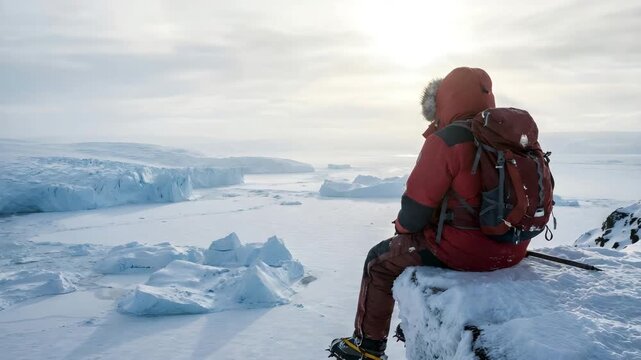 Researcher Sitting on Cliff Edge Observing Antarctic Icebergs, Exploring Expedition