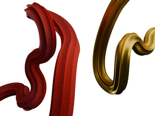 Fototapeta premium Abstract 3D red granular and golden glossy wavy shapes on black 3d render