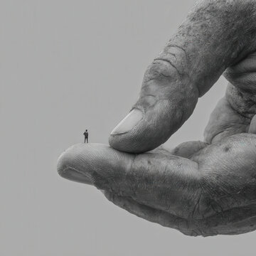 Person on giant hand symbolizing support, dominance
