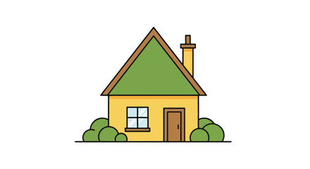 Fototapeta premium Simple flat vector illustration of a cozy yellow cottage with green roof, chimney, and bushes isolated on white background. Minimalist house icon.