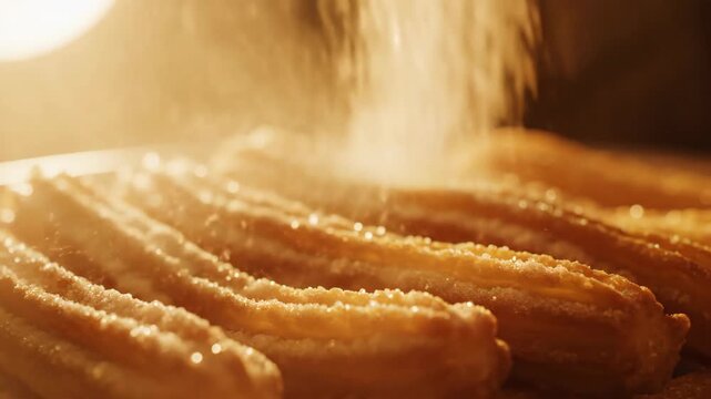 Sprinkling sugar on fresh churros