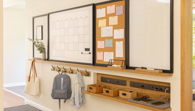 Organized family command center with calendar, bulletin board, and storage solutions. This beautifully designed space enhances productivity
