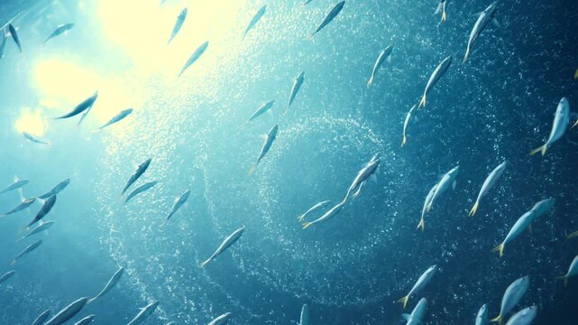 Large school of small fish swimming together in clear blue ocean water with sunlight rays and air bubbles. Beautiful underwater nature background for marine life, ecology, and environmental conservati