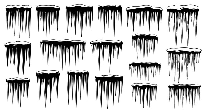 Collection of diverse black and white graphic illustrations depicting various icicle formations with snow capped tops perfect for winter themed designs and seasonal decorations