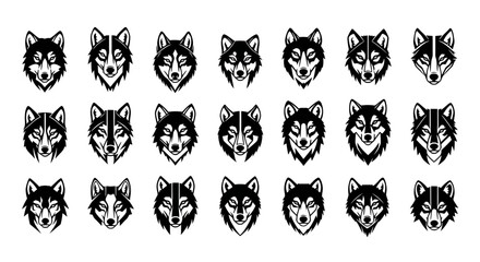 Collection of stylized wolf and husky dog heads in black and white vector graphics featuring fierce expressions and detailed features ideal for tattoos logos and emblems © Asim