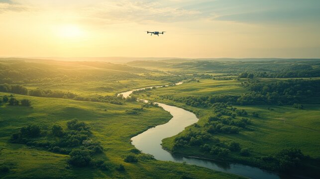 Drone flying over river valley at sunrise. Aerial view. Possible use Stock photo